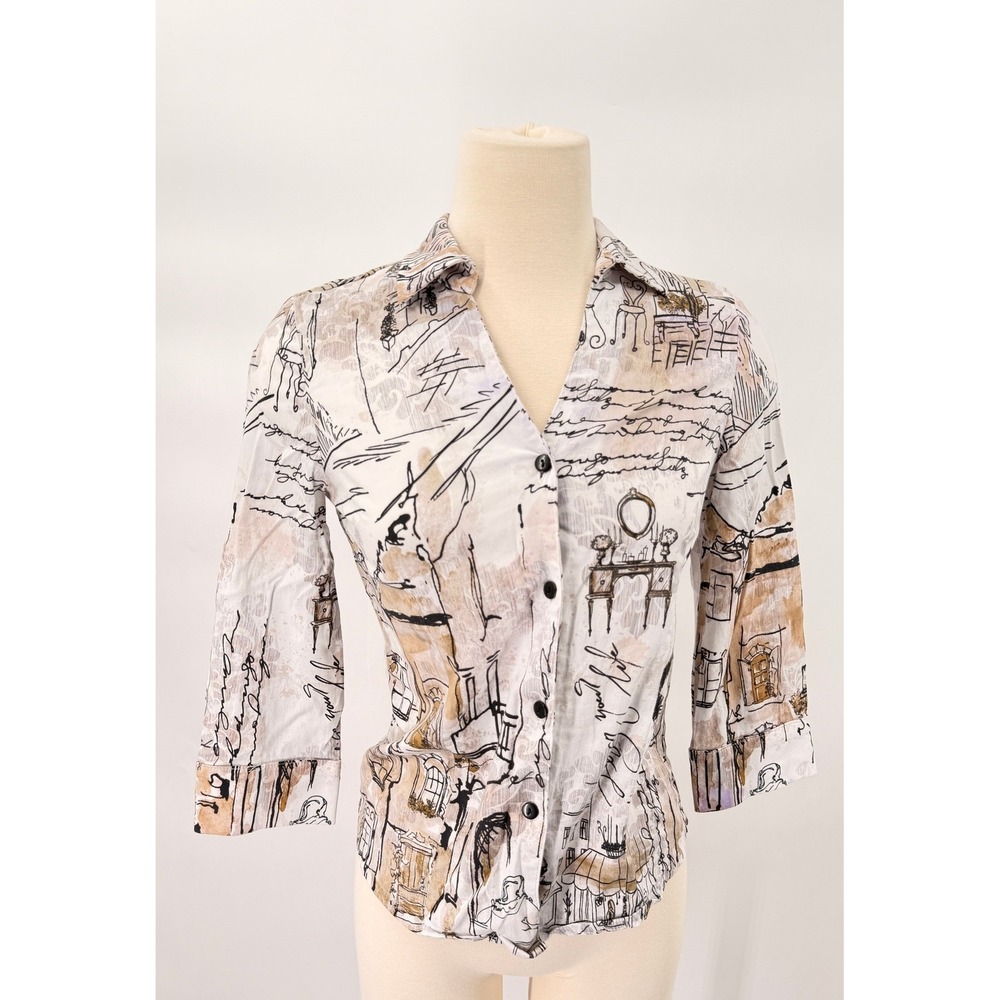 Dolcezza Art Print Button Up Blouse Womens XS White Tan Parisian Sketch Top